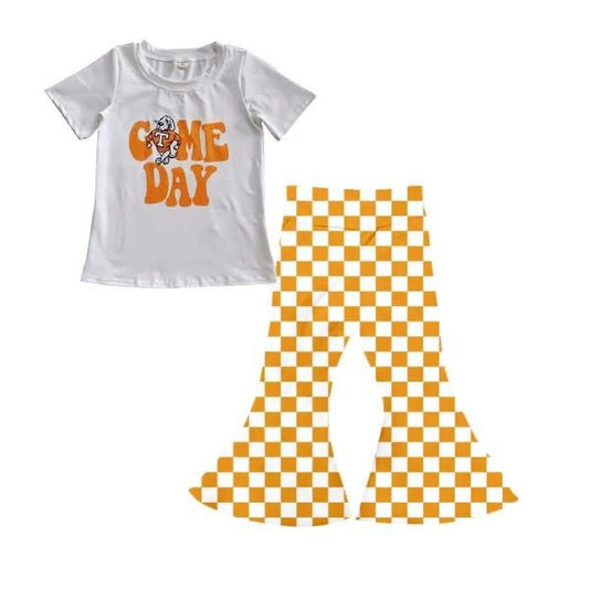 Custom summer teams baby girl clothes team GAME DAY orange plaid short sleeve pants sets-25.8.28