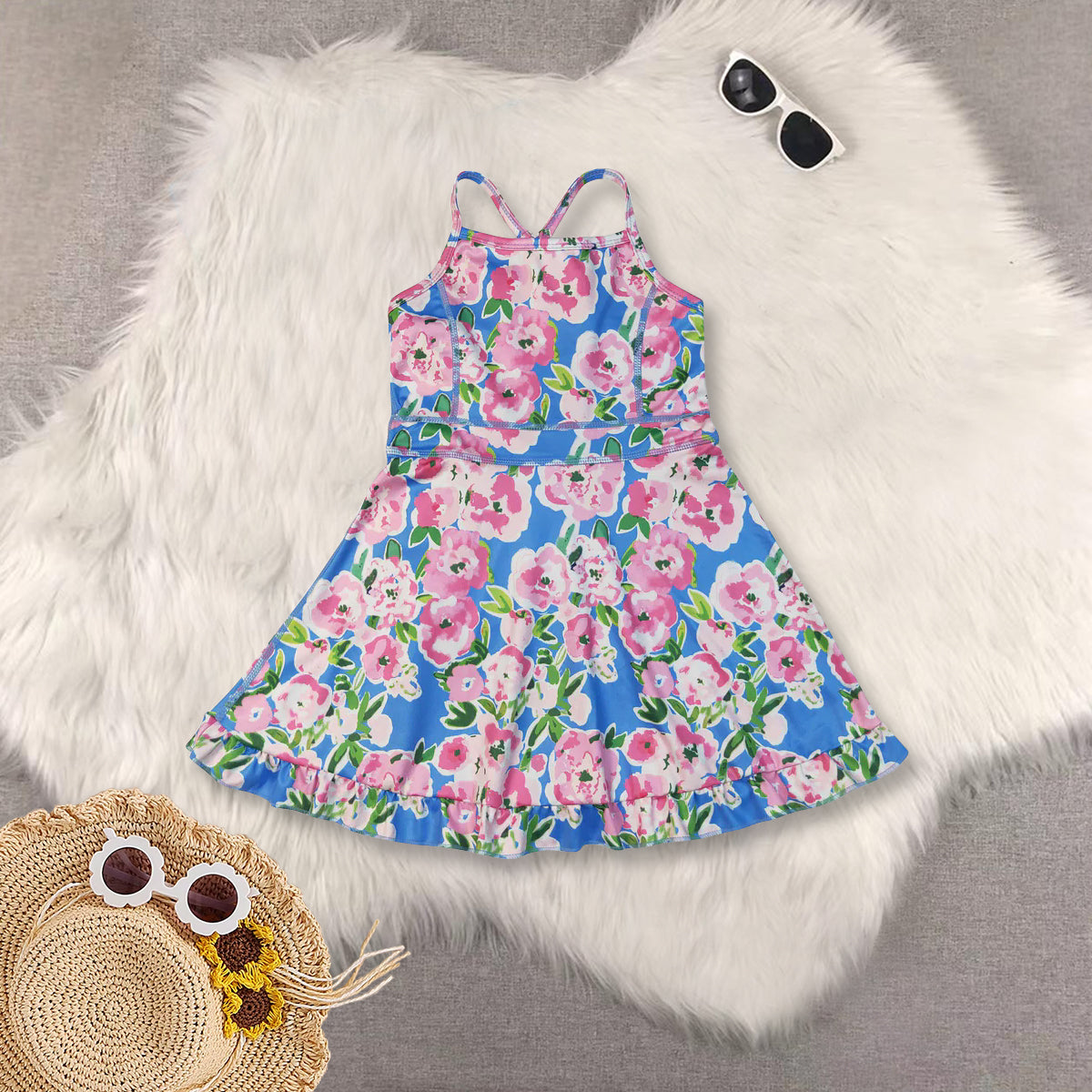 RTS NO MOQ Sibling baby girl clothes yoga floral suspender dress