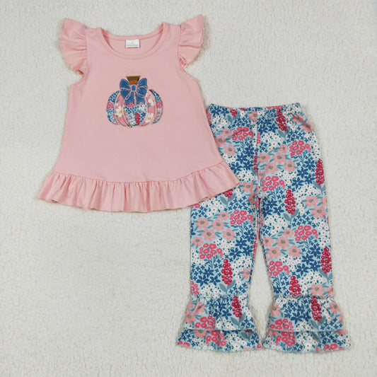 RTS NO MOQ GSPO2032 Embroidered flower bow pumpkin pink flying sleeve trousers set