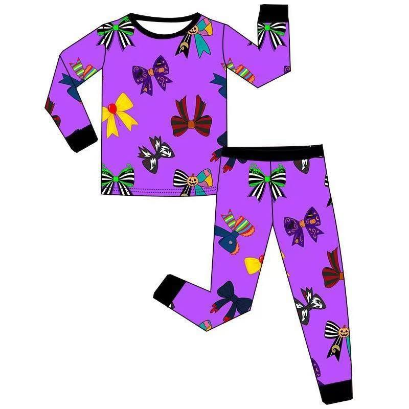 Custom moq 5 each style eta 6-7weeks baby boy clothes bow purple long sleeve pants and romper
