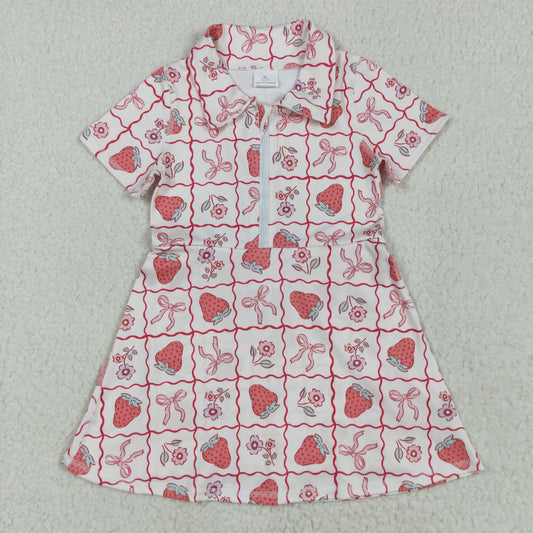 RTS NO MOQ GSD2407 Strawberry flower pink bow pattern plaid yoga short-sleeved dress