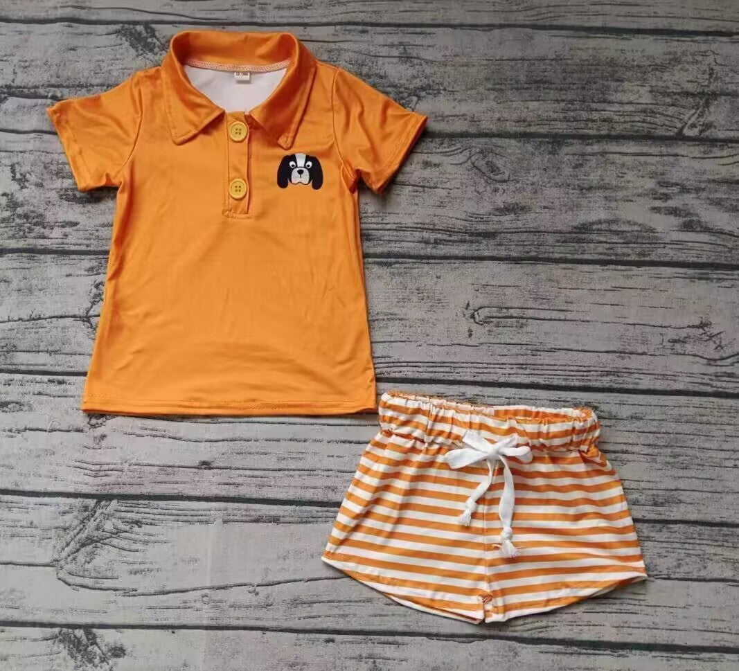 custom moq 3 eta 6-7weeks Orange Button Stand Collar Short Sleeve-Striped Shorts Set