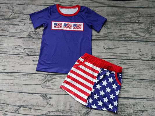 custom moq 5 eta 5weeks summer baby boys clothes national day flag stras and striped navy blue short sleeve shorts set