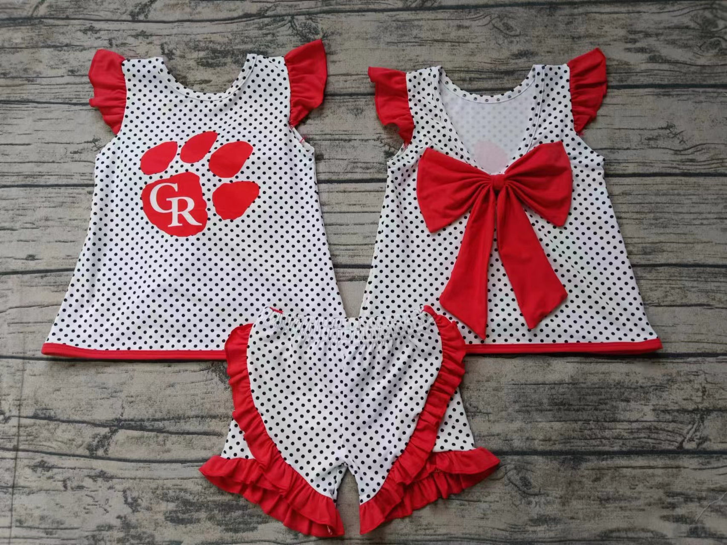 custom moq 5 eta 4-6weeks summer team baby girls clothes red sleeveless shorts sets