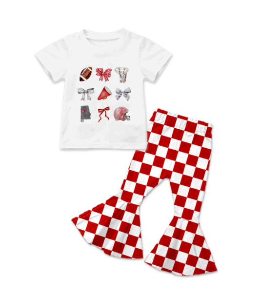 Custom summer teams baby girl clothes team bow red plaid short sleeve pants sets-25.8.13