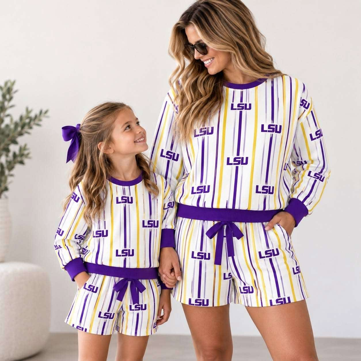 custom moq 5 mix size KALN01 Adult To Match Kids Striped Outfit Long Sleeve Top And Shorts Team Set