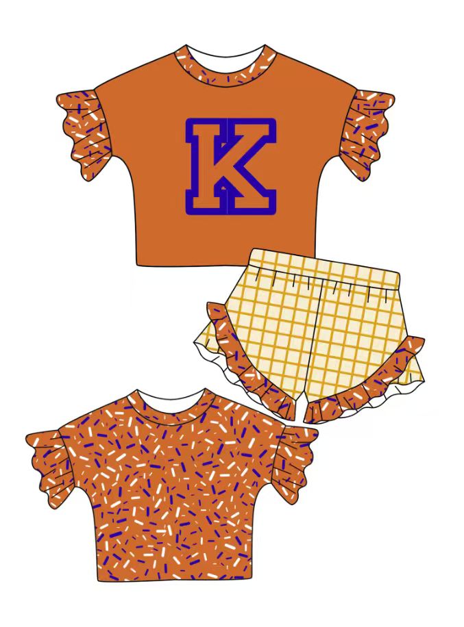 Custom moq 5 mix size milk silk summer teams baby girl clothes orange short sleeve shorts sets