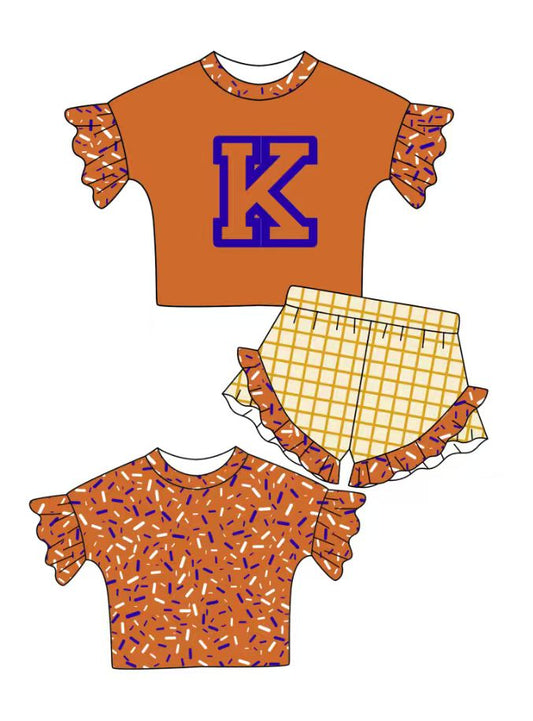 Custom moq 5 mix size milk silk summer teams baby girl clothes orange short sleeve shorts sets