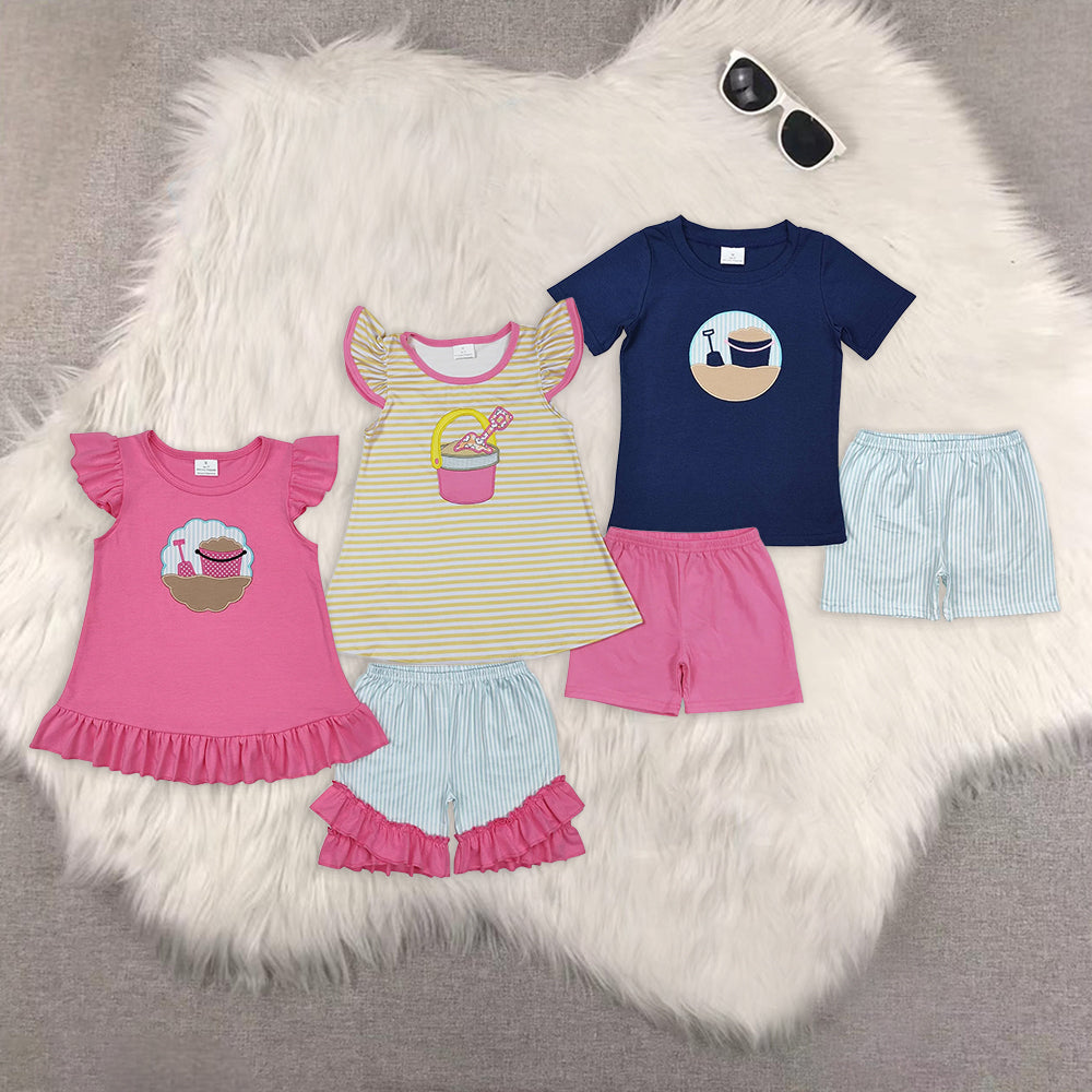 RTS NO MOQ baby girl clothes embroidery short-sleeved shorts suit & short-sleeved sets
