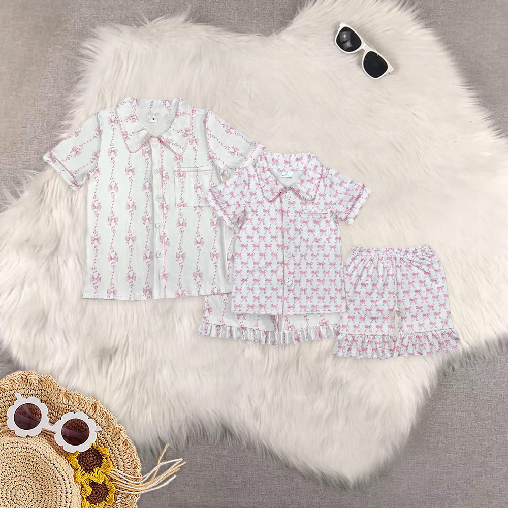 RTS NO MOQ Adult Girls bow Short Sleeve Shorts Pajama Set & kids shorts sets