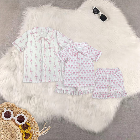 RTS NO MOQ Adult Girls bow Short Sleeve Shorts Pajama Set & kids shorts sets