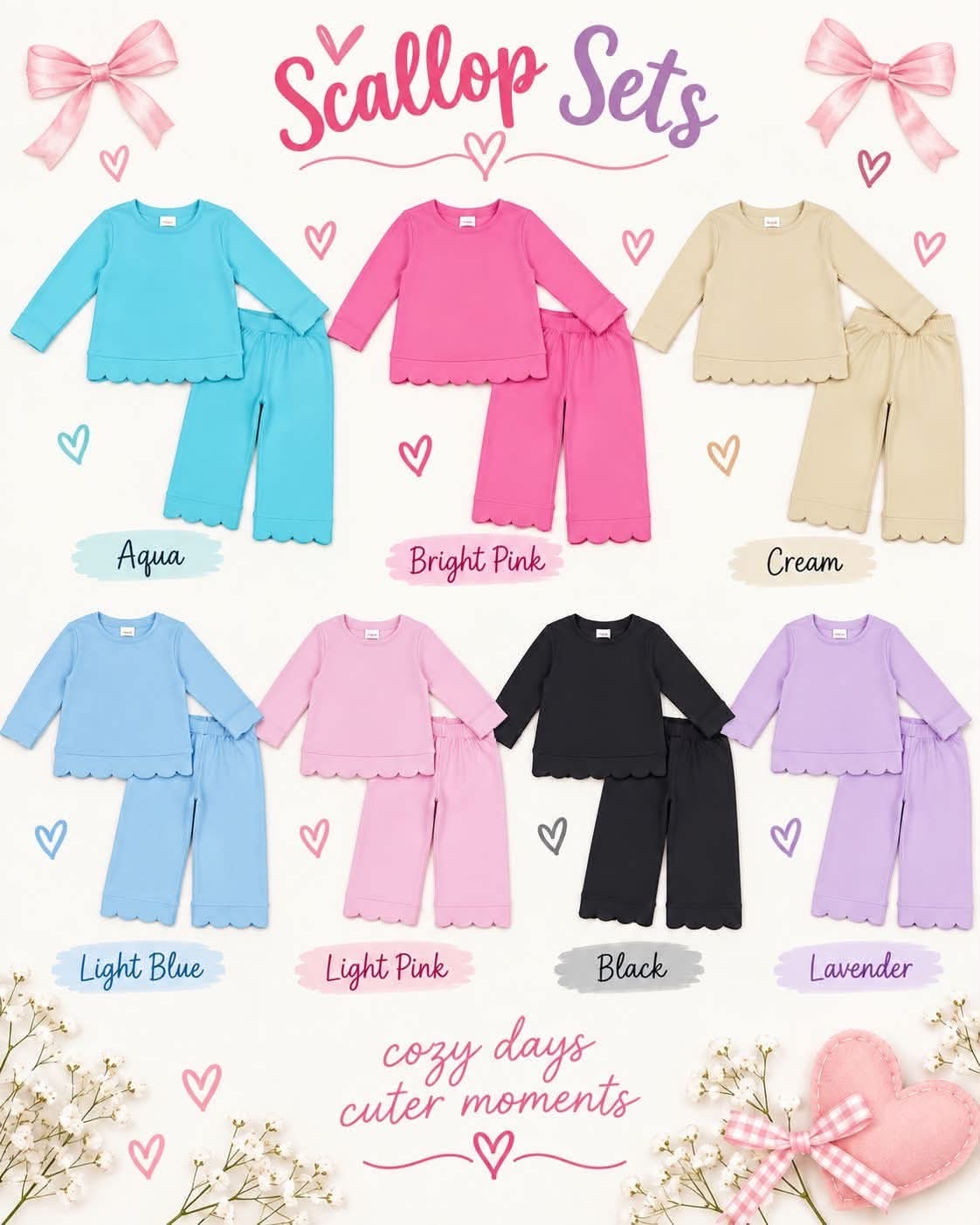 RTS NO MOQ Sibling cotton Baby Girls Solid Color Long Sleeve Top Pants Scallop Pajamas Clothes Sets Sleepwear Outfit