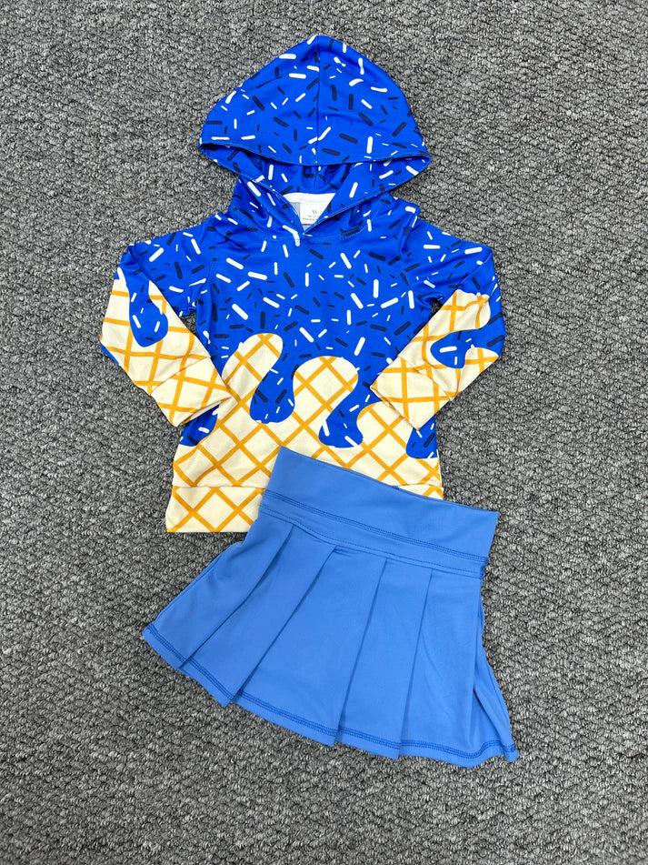 RTS NO MOQ Baby Girls Hot Blue Drip Hoodie Top, Yoga Shorts, Team Sets