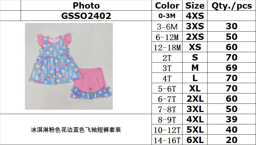 RTS NO MOQ ETA 5/7days Arrived GSSO2402 Ice cream pink lace blue flying sleeve shorts set