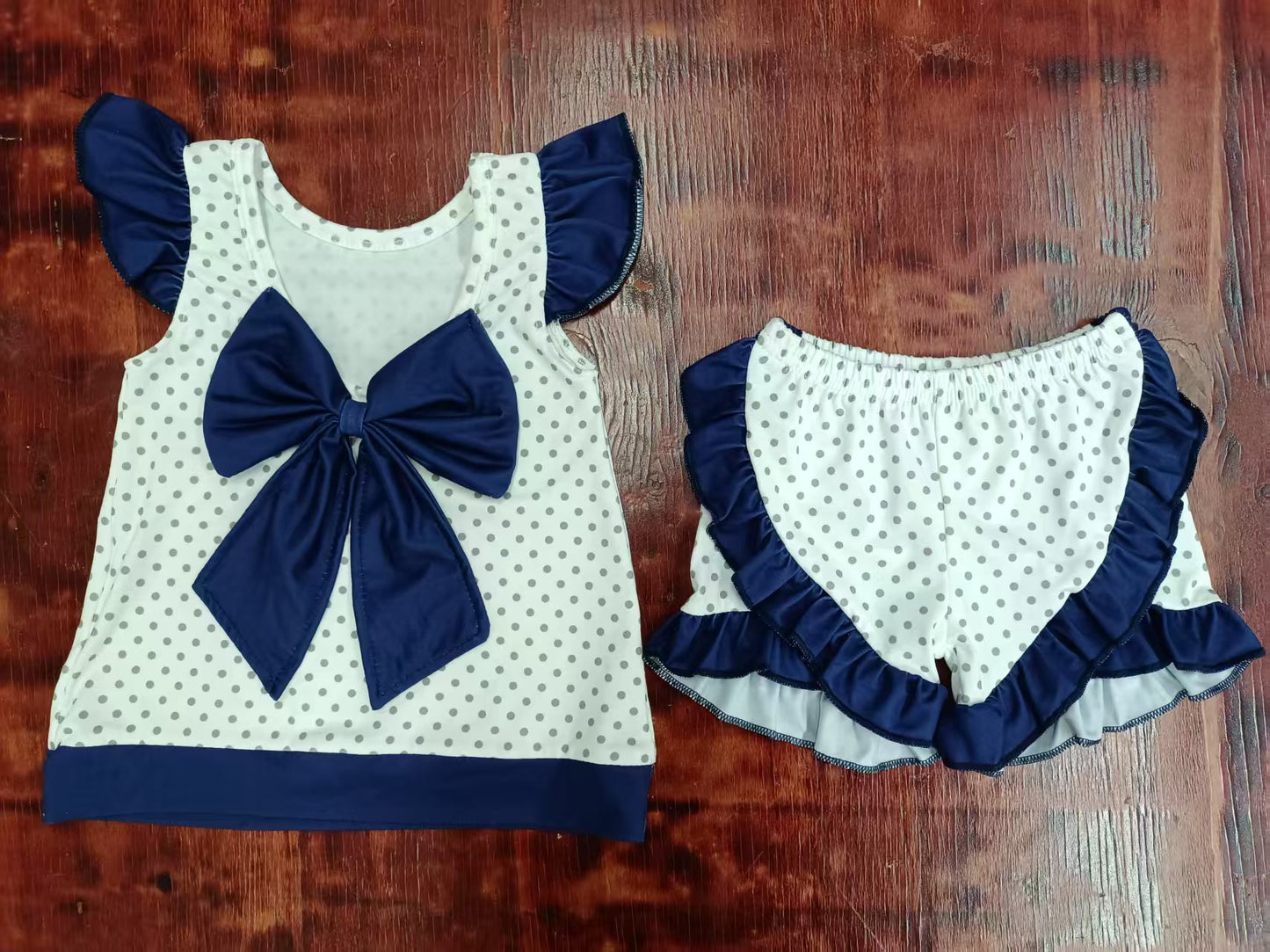 Custom moq 3 eta 6-7weeks baby girls clothes team blue flying sleeve shorts sets