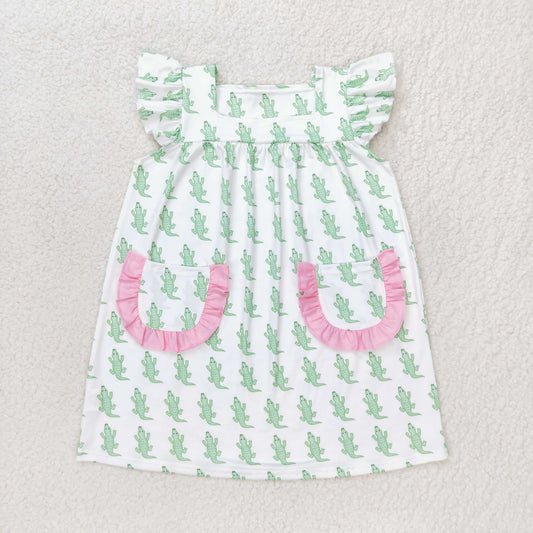 RTS no moq GSD1050 Crocodile pink lace pocket white flying sleeves dress