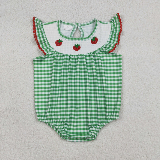 RTS NO MOQ（In Stock) Embroidered Strawberry Green and White Checkered Flutter Sleeve Jumpsuit