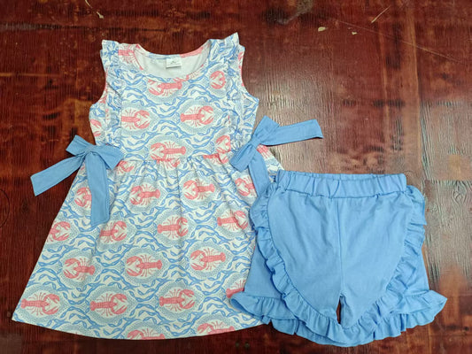 Custom moq 3 eta 6-7weeks baby girls clothes lobster blue sleeveless shorts sets