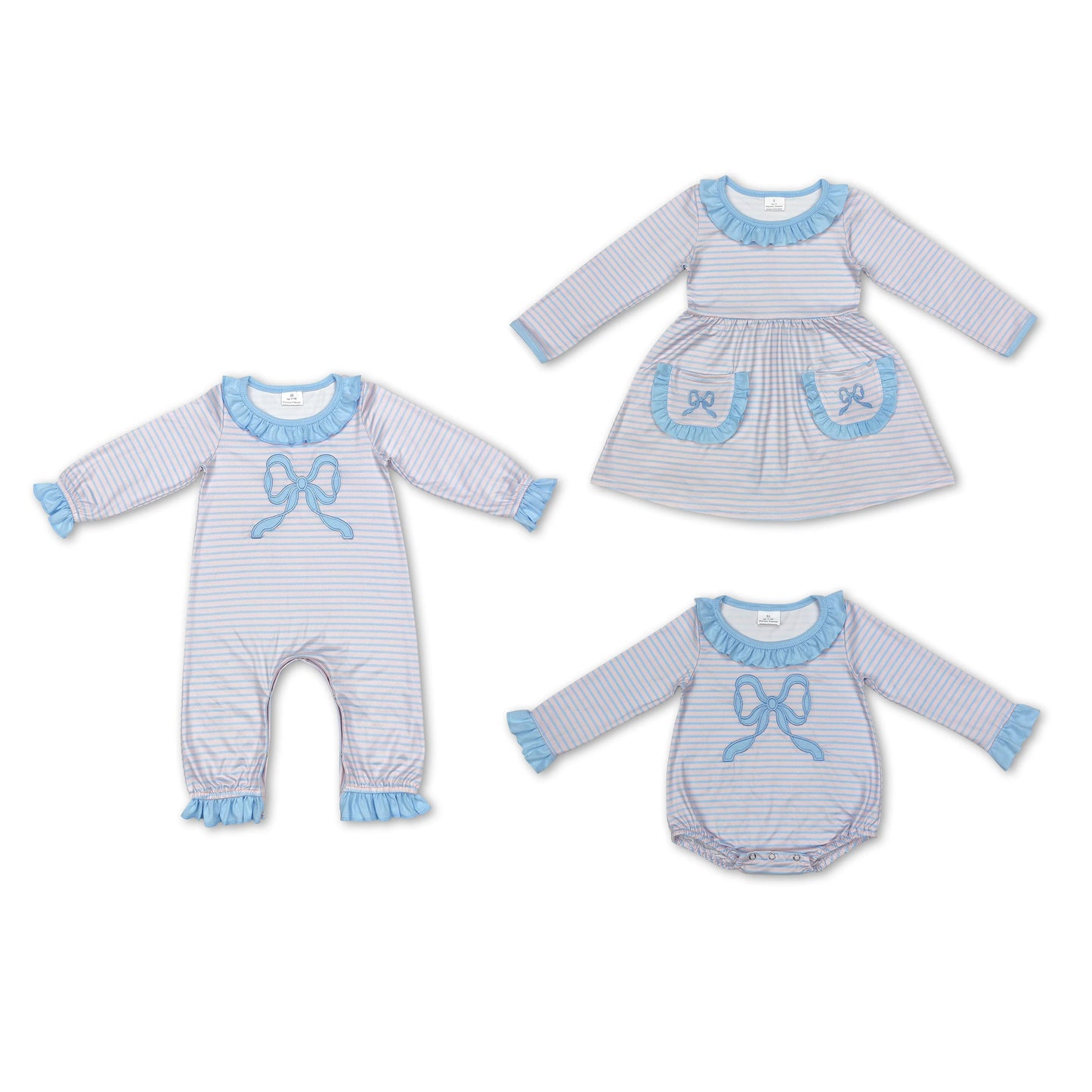 RTS NO MOQ Baby Girls Embroidery Bow Blue Long Sleeve Dress & Romper