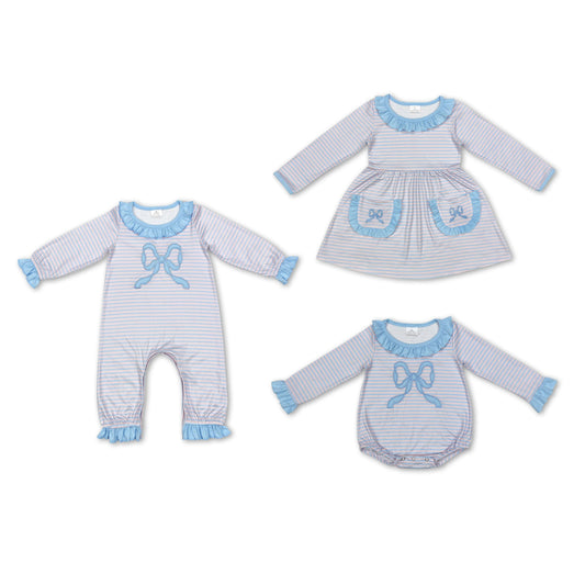 RTS NO MOQ Baby Girls Embroidery Bow Blue Long Sleeve Dress & Romper