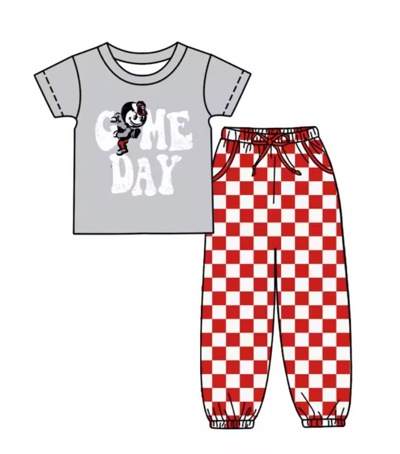 Custom summer teams baby boy clothes team GAME DAY red plaid short sleeve pants sets-25.8.30