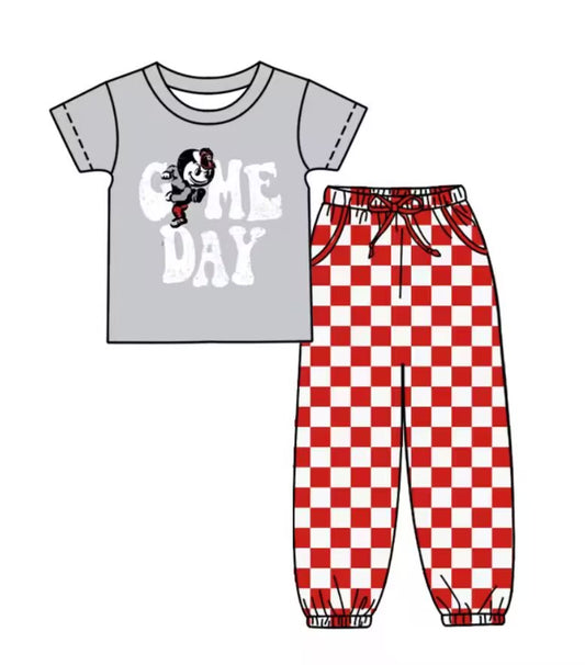 Custom summer teams baby boy clothes team GAME DAY red plaid short sleeve pants sets-25.8.30