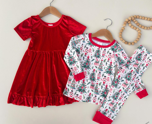 12/18m-7/8t RTS Sibling baby girls boy clothes Christmas red velvet short Sleeve dress and sets