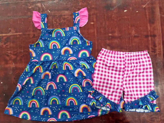 custom moq 5 eta 5weeks summer Rainbow Flower Girls Short Sleeve Shorts Set