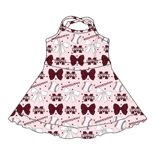 Custom moq 5 mix sizes summer teams baby girls clothes team baseball bow brick red short sleeve dress-25.6.13