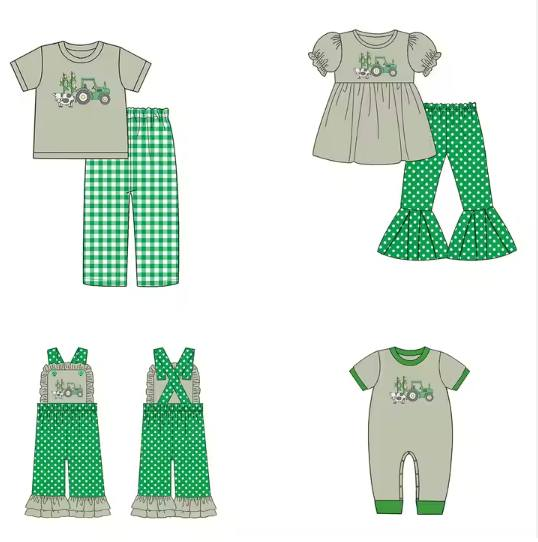 Custom moq 5 each style eta 6-7weeks baby girl clothes green short sleeve pants set 2 and romper and dress and jumpsuit-25.7.26