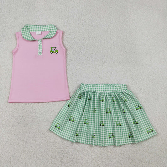 RTS NO MOQ（In Stock) GSD3120 Embroidered Golf Cart Buttoned Green Plaid Neckline Pink Sleeveless Skirt Set