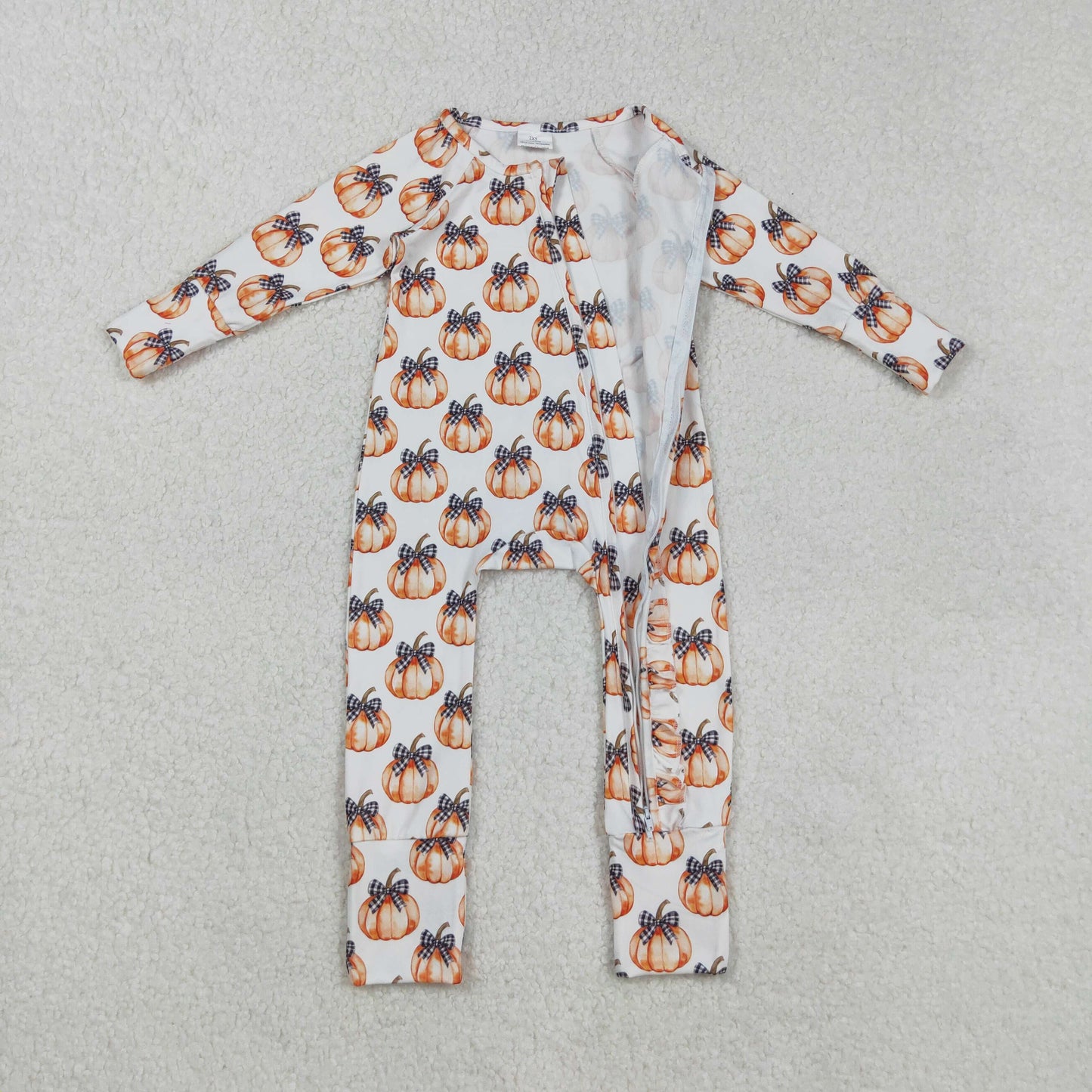 RTS NO MOQ（In Stock) LR2557 Black and white checkered bow pattern pumpkin lace zip-up long-sleeved bodysuit