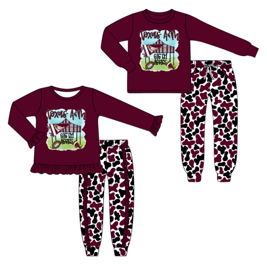 Custom moq 5 mix size milk silk summer teams baby girl clothes brick red long sleeve pants sets 2-25.8.6