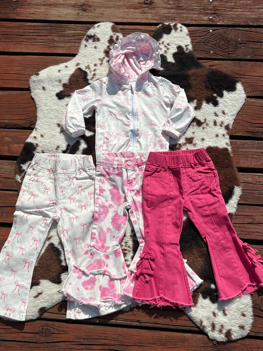 RTS NO MOQ Sibling baby girl clothes Pink and white plaid zip-up hooded long-sleeved top with bow pattern double lace ripped denim trousers sets