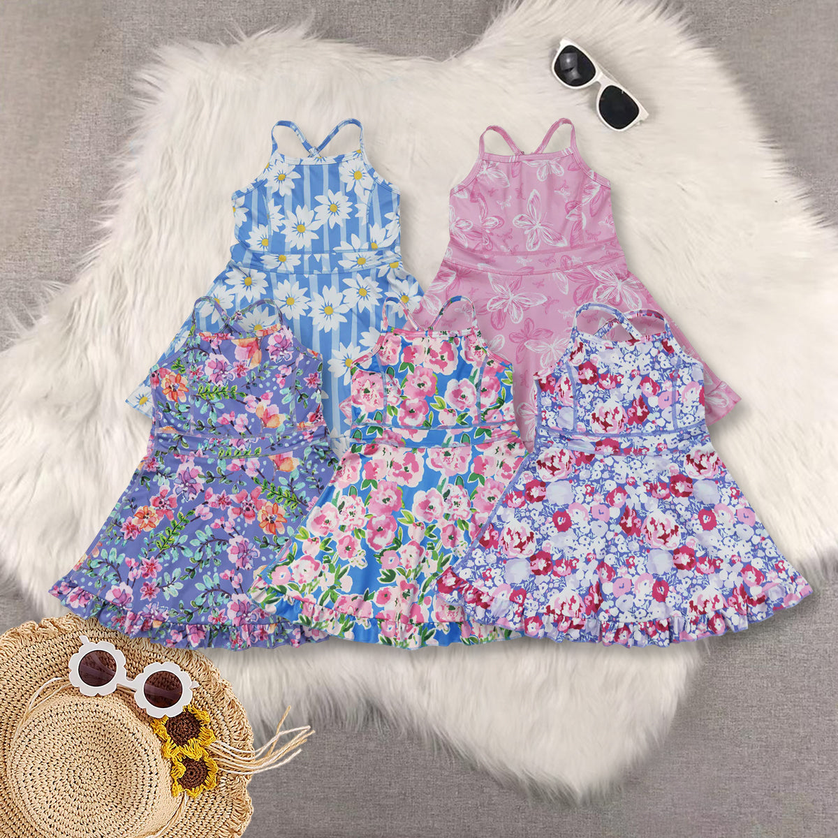 RTS NO MOQ Sibling baby girl clothes yoga floral suspender dress