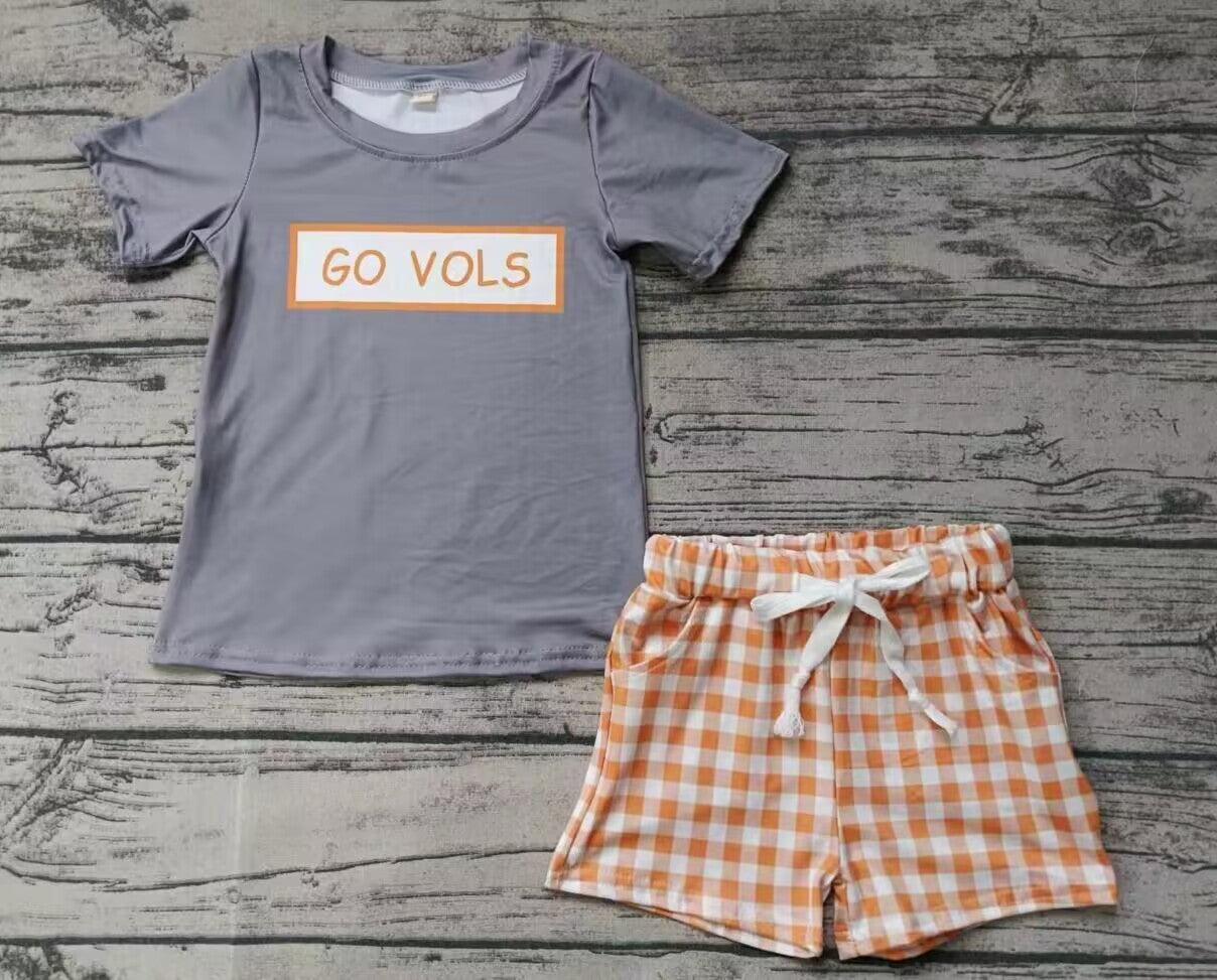custom moq 3 eta 6-7weeks Gray Short Sleeve-Orange Plaid Shorts Set