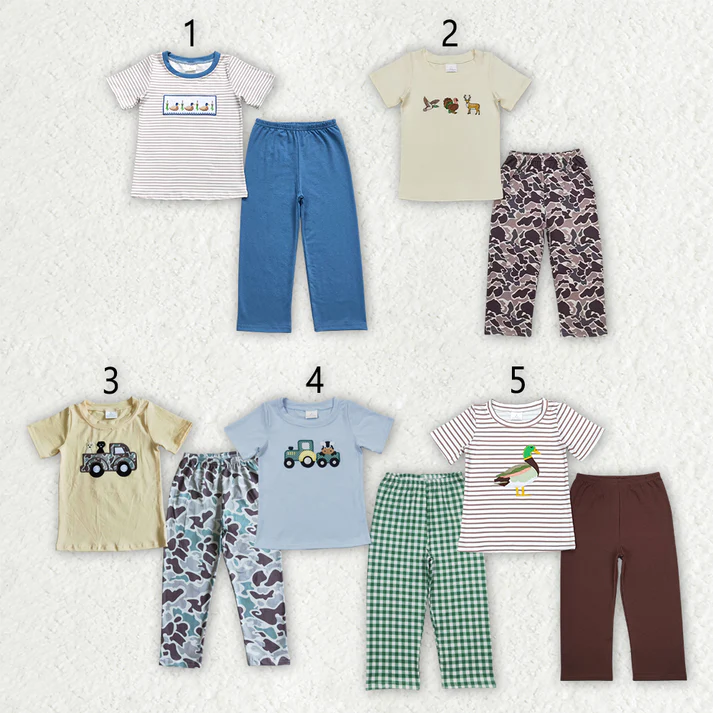 RTS NO MOQ Girls Boys embroidery short sleeve pants Sets