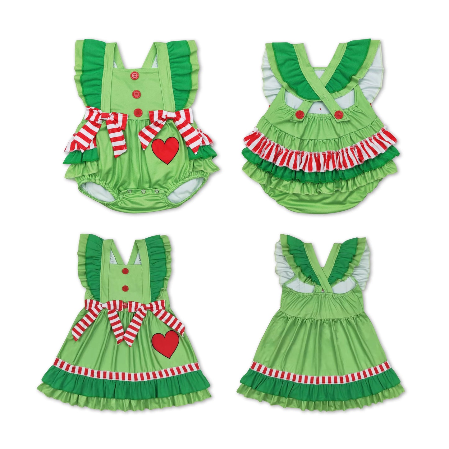 RTS NO MOQ SR1912 GSD1356 Green sleeveless romper & dress with red striped bow and heart decoration