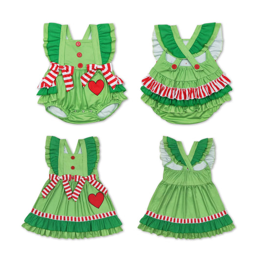 RTS NO MOQ SR1912 GSD1356 Green sleeveless romper & dress with red striped bow and heart decoration