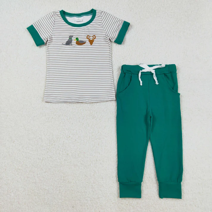 RTS NO MOQ Sibling baby Boys clothes embroidery duck puppy short sleeved pants set clothes and rompers