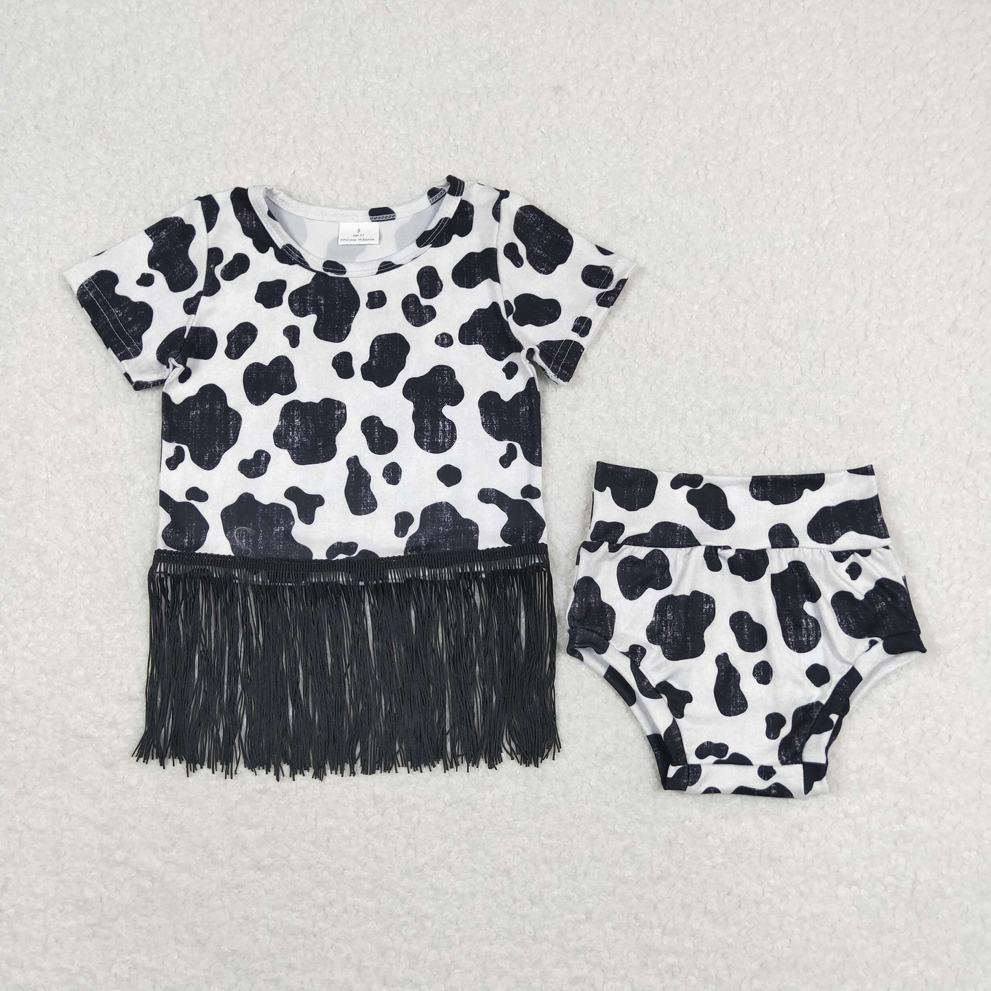RTS NO MOQ（In Stock) Cow pattern fringed black and white short-sleeved briefs set