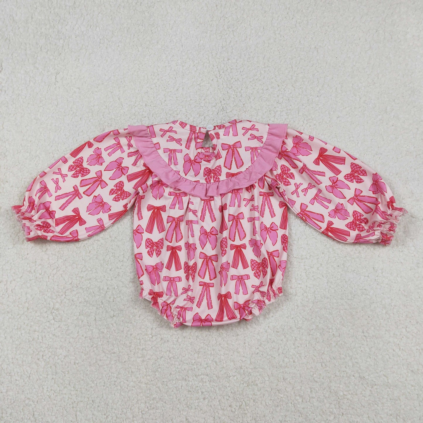 RTS NO MOQ（In Stock) Embroidered Daddy's Valentine's pink long-sleeved jumpsuit with bow pattern and lace trim