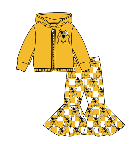 Custom moq 5 mix size milk silk summer teams baby girl clothes yellow hooded long sleeve pants sets-25.10.31