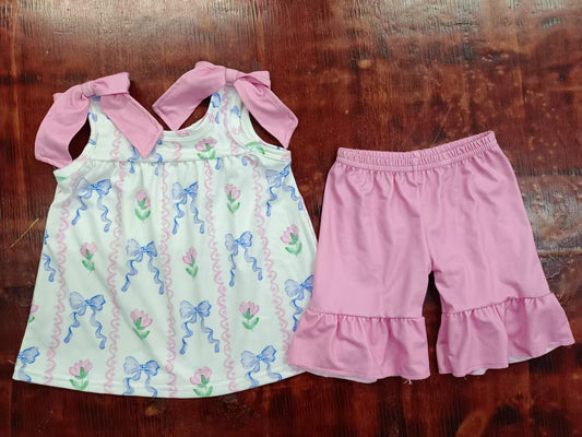 Custom moq 3 eta 6-7weeks baby girls clothes bow floral pink suspenders shorts sets-25.4.30