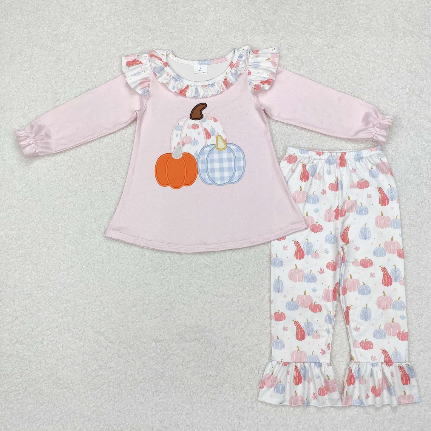 rts no moq GLP1409 Plaid pumpkin lace pink long-sleeved trousers set