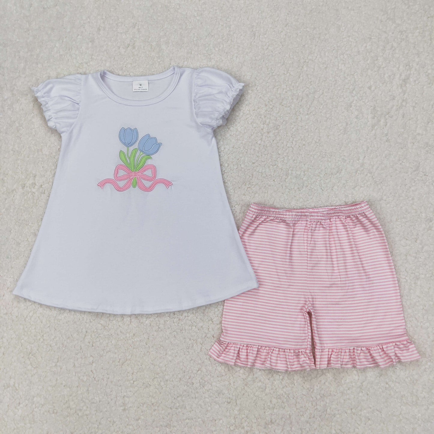 RTS NO MOQ ETA 5/7days Arrived GSSO2275 Embroidered tulip flower bow pattern white short sleeve pink striped shorts set