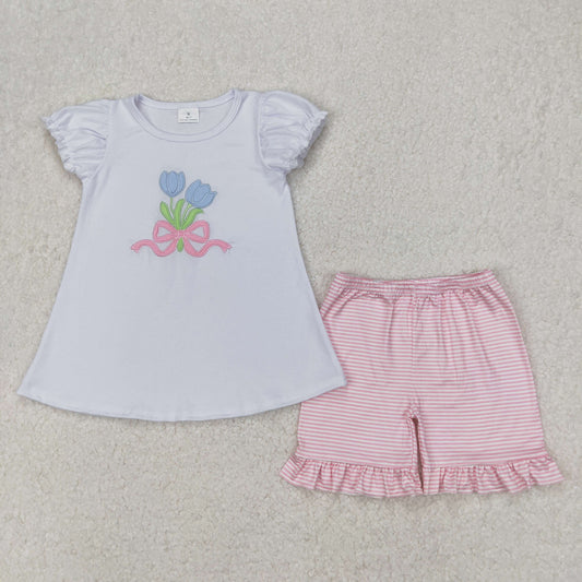 RTS NO MOQ ETA 5/7days Arrived GSSO2275 Embroidered tulip flower bow pattern white short sleeve pink striped shorts set