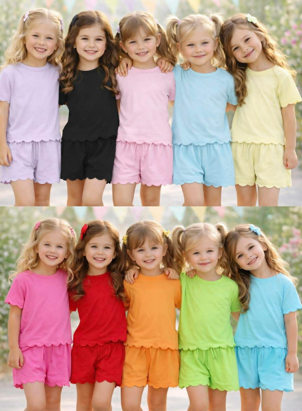 RTS NO MOQ Sibling Baby Girls Shirt Top Scallop Short with Pockets Set Cute Clothes