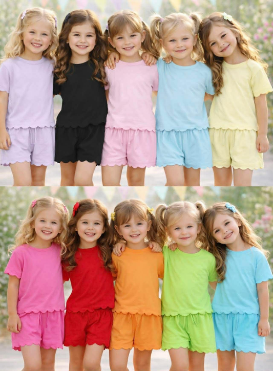 RTS NO MOQ Sibling Baby Girls Shirt Top Scallop Short with Pockets Set Cute Clothes