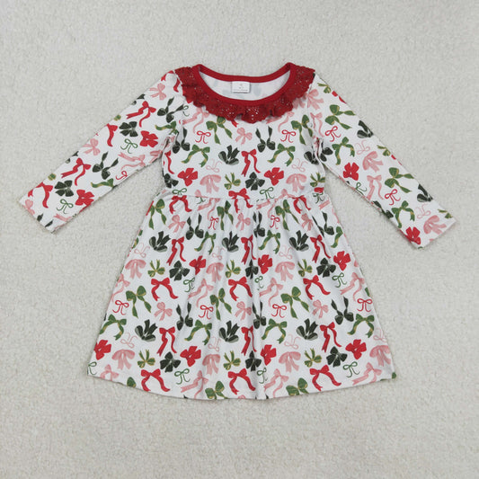 RTS NO MOQ（In Stock) GLD1036 White long-sleeved dress with pink and green bow pattern lace